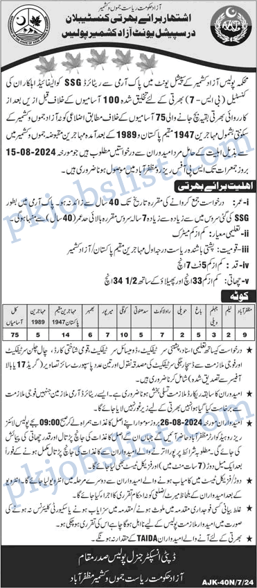 Ajk police jobs august 2024 join as constable for ssg retired pak army