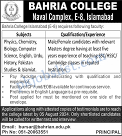 Bahria college naval complex e8 islamabad jobs july 2024 teaching faculty