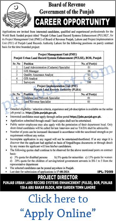 Board of Revenue Punjab Jobs August 2024 Apply Online Surveyors for PULSE Project