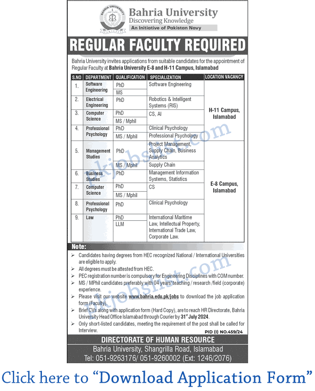 Bahria university islamabad jobs july 2024 application form teaching faculty