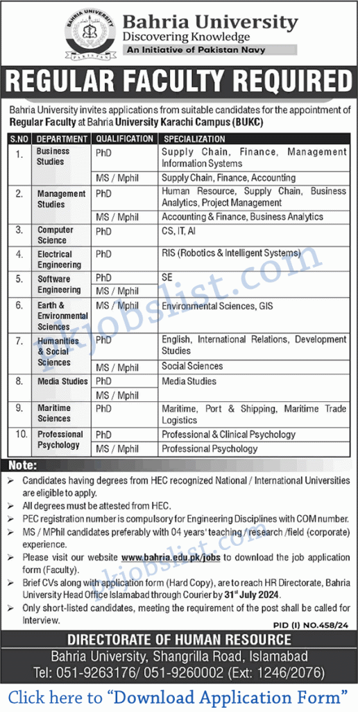 Bahria University Karachi Jobs July 2024 Application Form Teaching Faculty