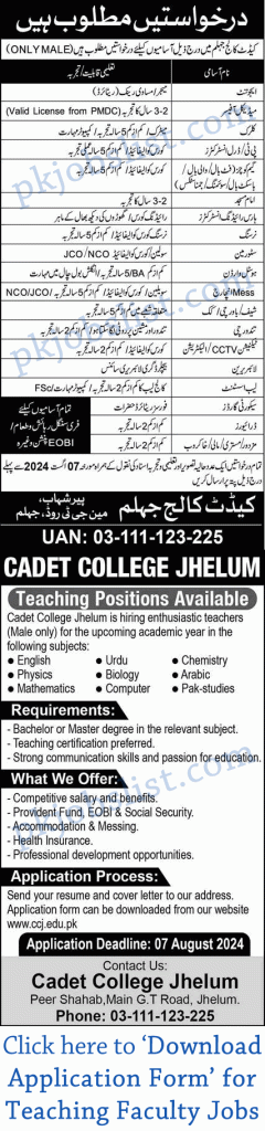 Cadet college jhelum jobs july 2024 august application form for teaching faculty