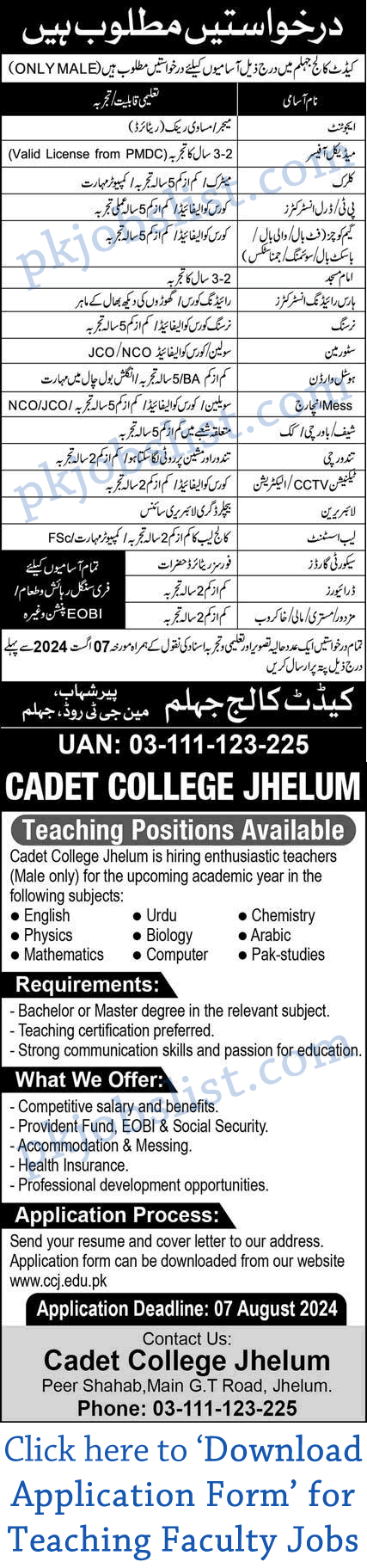 Cadet College Jhelum Jobs July 2024 August Application Form for Teaching Faculty