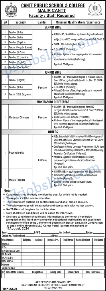 Cantt Public School and College Malir Cantt Karachi Jobs 2024 July