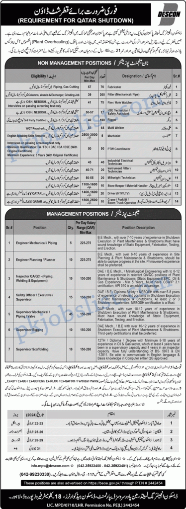 Descon engineering qatar shutdown jobs july 2024 walk-in interviews