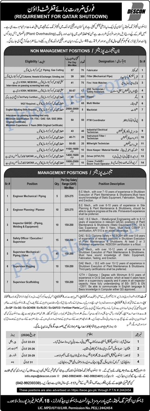 Descon engineering qatar shutdown jobs july 2024 walk-in interviews