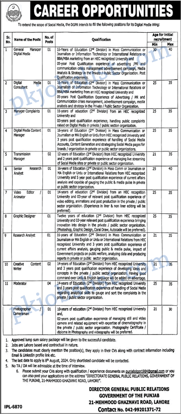 Dgpr jobs 2024 july director general public relations lahore punjab