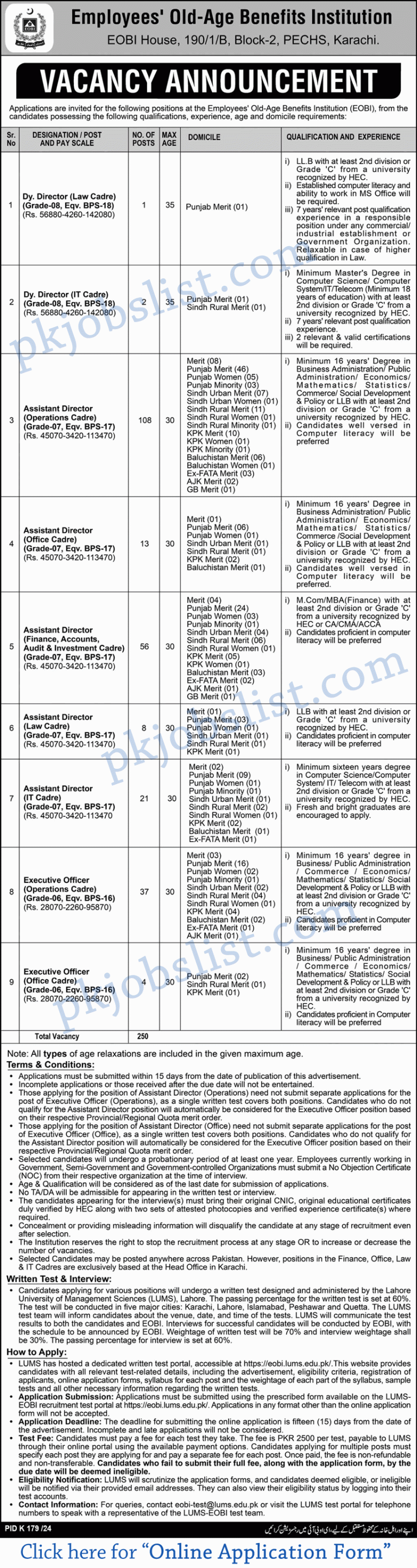 Eobi jobs 2024 july online application form employees old age benefits institution