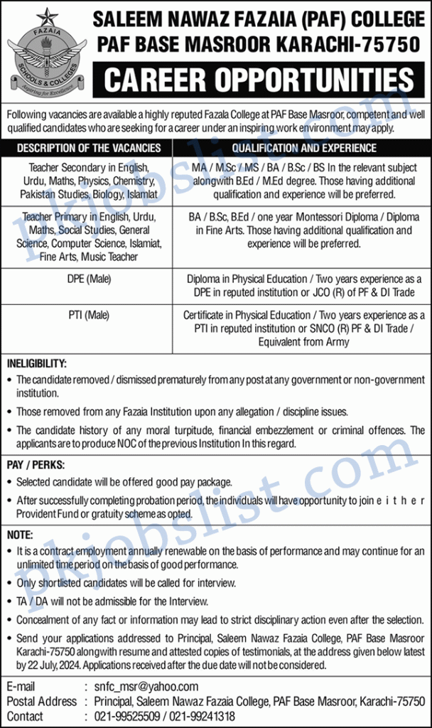 Saleem Nawaz Fazaia College Karachi Jobs 2024 July PAF