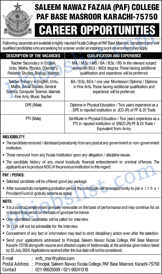 Saleem nawaz fazaia college karachi jobs 2024 july paf