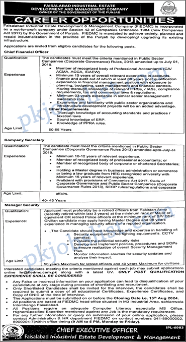 FIEDMC Jobs July 2024 August Faisalabad Industrial Estate Development & Management Company