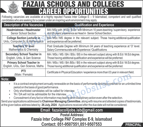 Fazaia Inter College Islamabad Jobs July 2024 Teachers