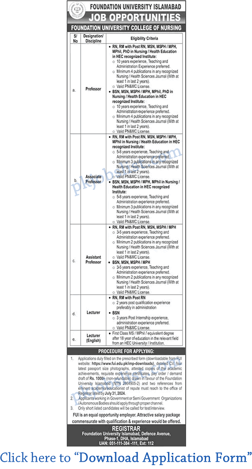 Foundation University Islamabad Jobs July 2024