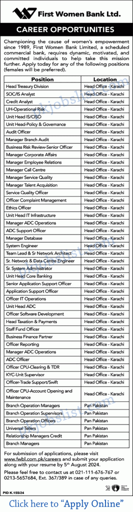 FWBL Jobs July 2024 Apply Online First Women Bank