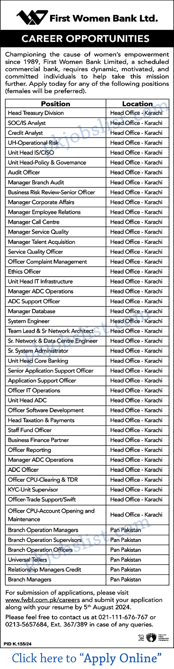 Fwbl jobs july 2024 apply online first women bank