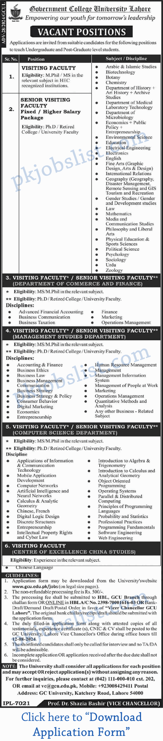 GCU Lahore Jobs July 2024 August Application Form GC University GCU Visiting Faculty