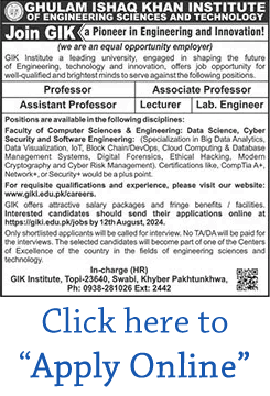 GIKI Swabi Jobs July 2024 August Online Apply Institute of Engineering Sciences and Technology