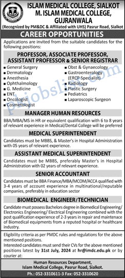 M islam medical college gujranwala jobs july 2024 teaching faculty