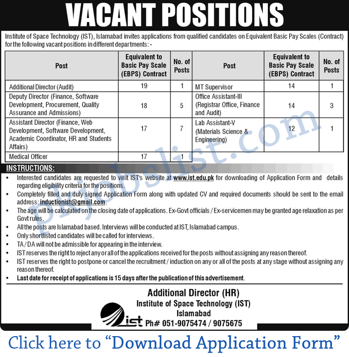 Ist jobs july 2024 application form institute of space technology islamabad