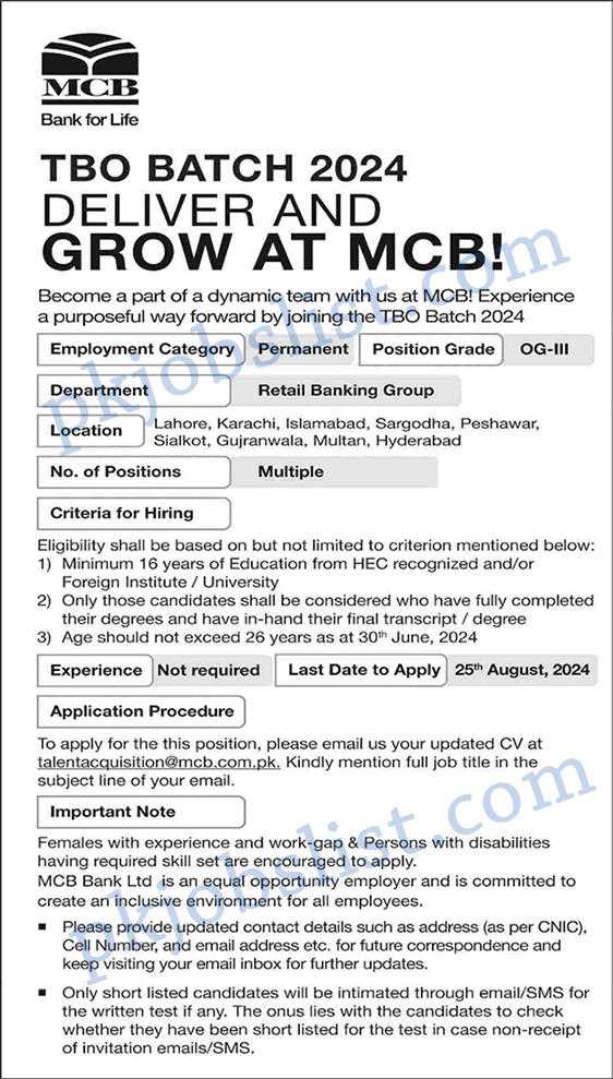 Mcb bank jobs 2024 july / august online apply trainee business officer og-3 og 3 tbo