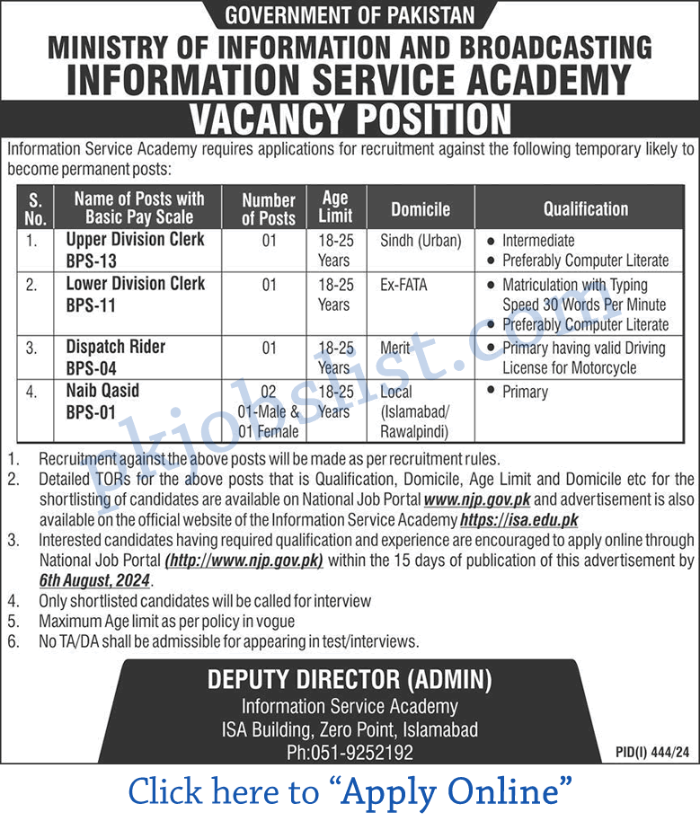 Ministry of Information and Broadcasting Jobs 2024 July