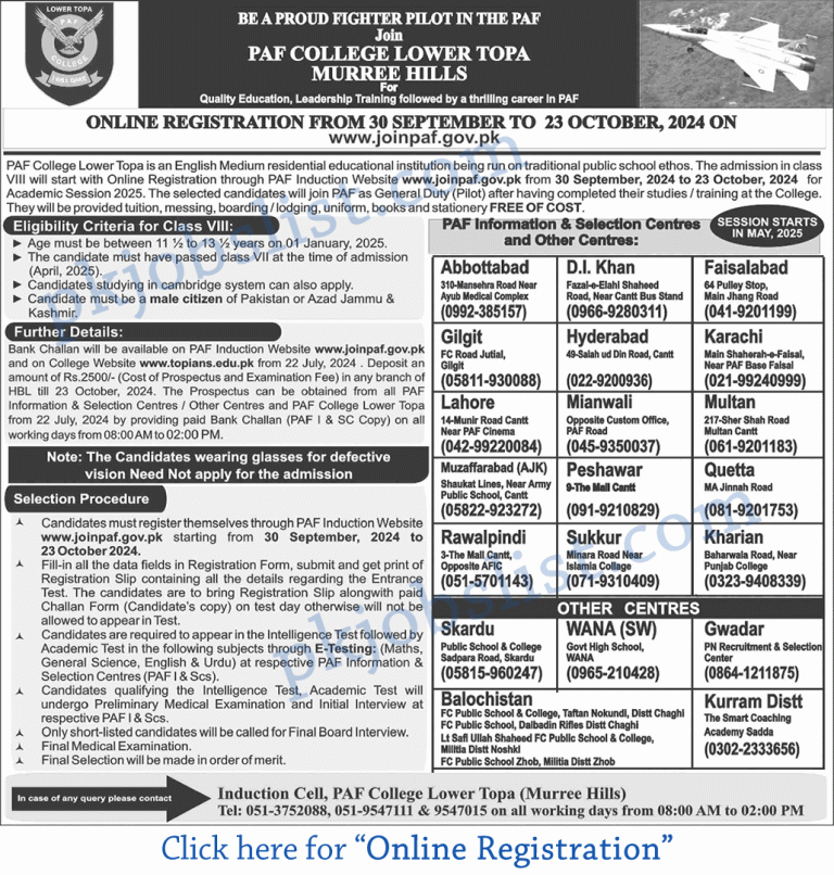 Paf college lower topa murree admission 2024 8th class join for gd pilot