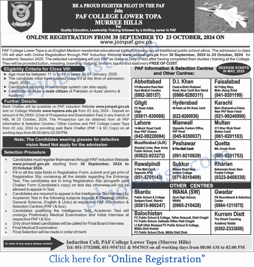 PAF College Lower Topa Murree Admission 2024 8th Class Join For GD Pilot