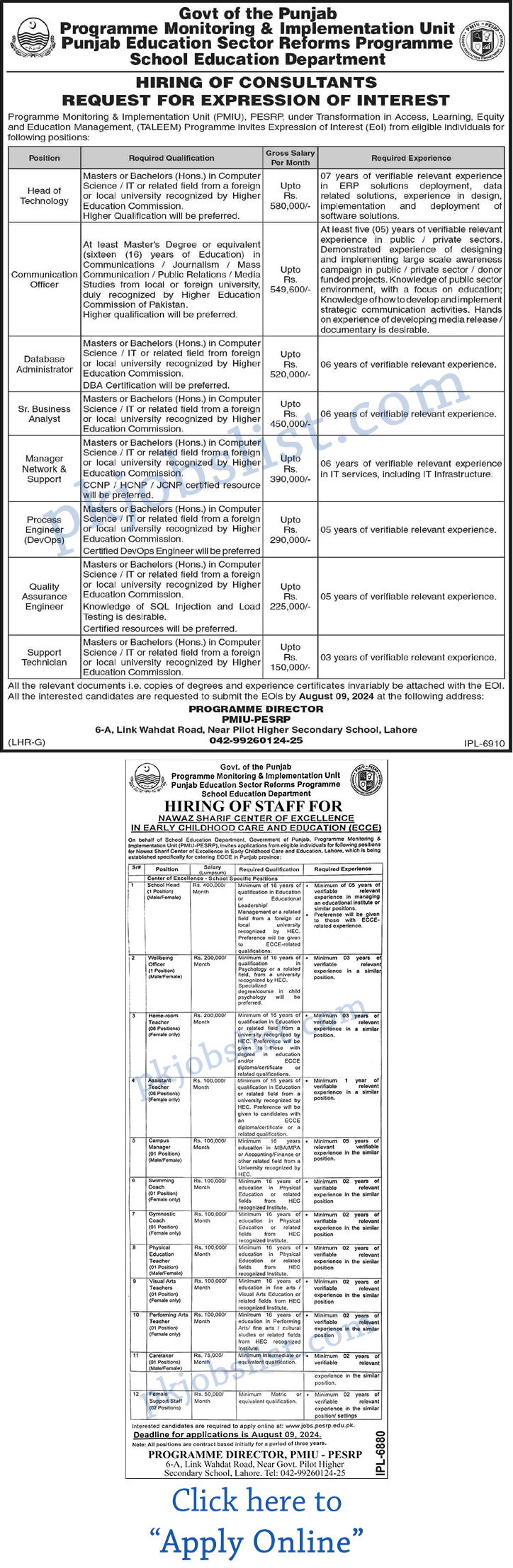 School education department punjab jobs july 2024 august apply online