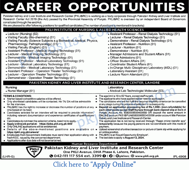 Pkli jobs july 2024 online apply pakistan kidney and liver institute