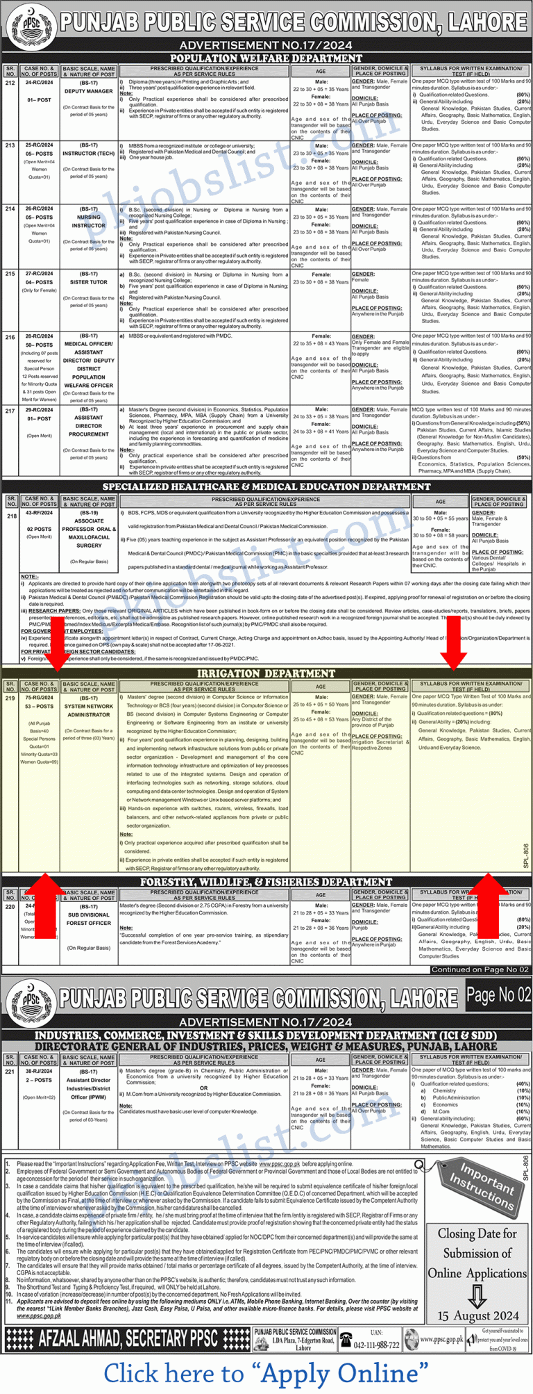 Punjab irrigation department jobs july 2024 august apply online ppsc system network administrator