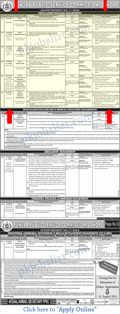 Population Welfare Department Punjab Jobs July 2024 August PPSC Apply Online