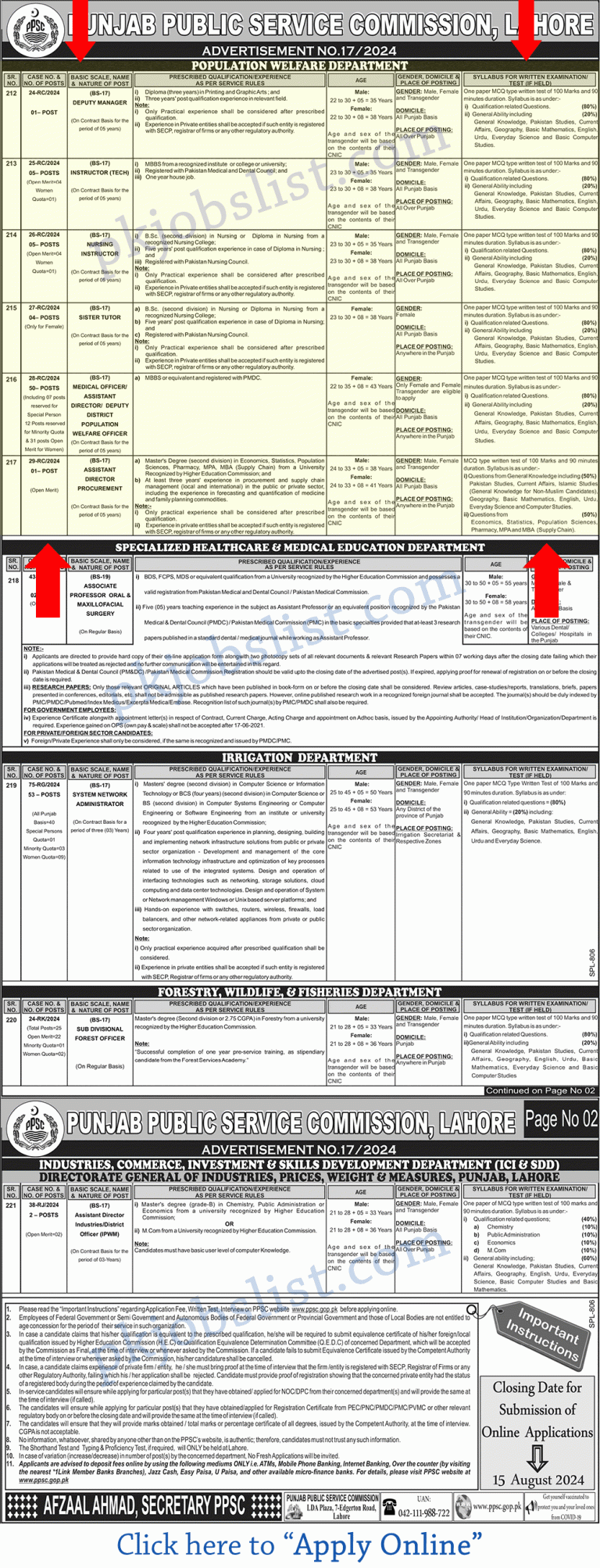 Population welfare department punjab jobs july 2024 august ppsc apply online