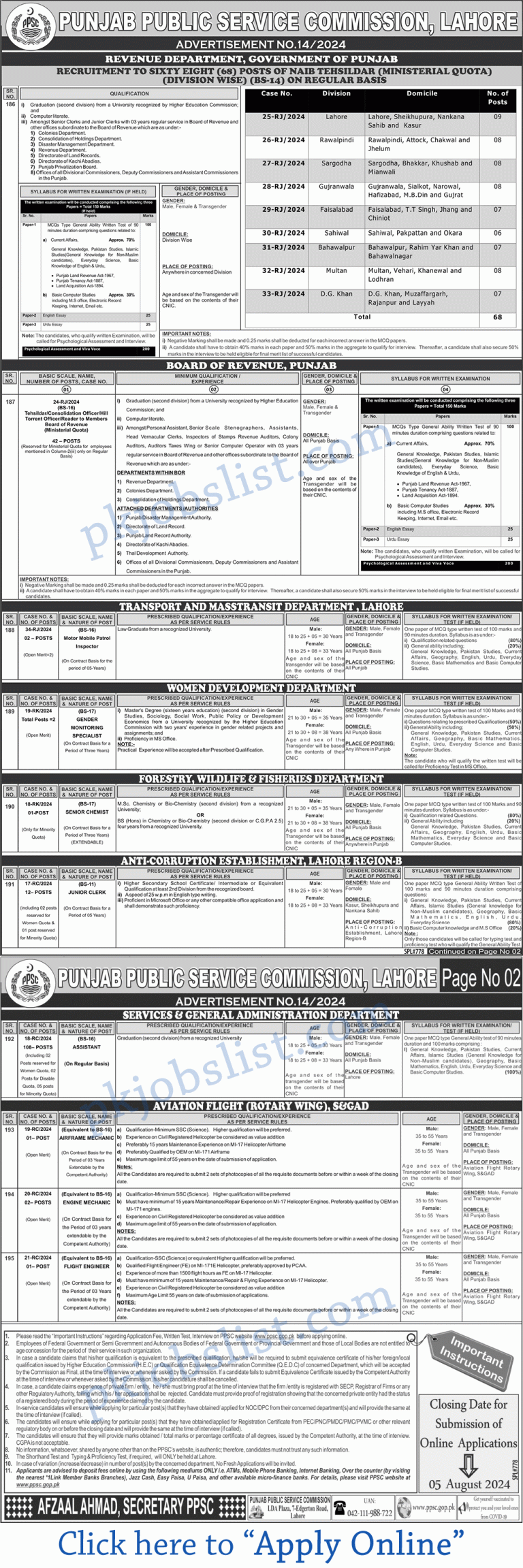 Ppsc jobs july 2024 advertisement no 14/2024