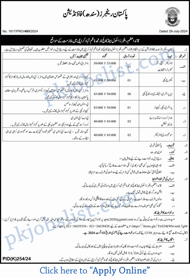 Quaid e azam rangers school and college karachi jobs 2024 august pakistan rangers sindh foundation