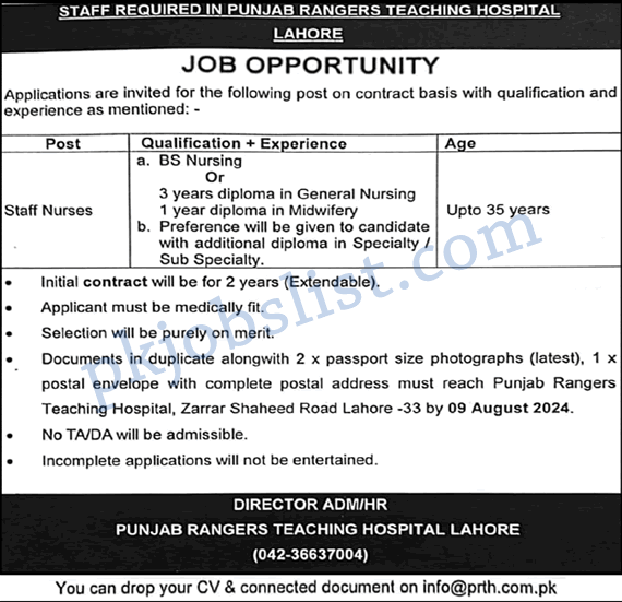 Punjab Rangers Hospital Lahore Jobs 2024 July / August Staff Nurses at Teaching Hospital