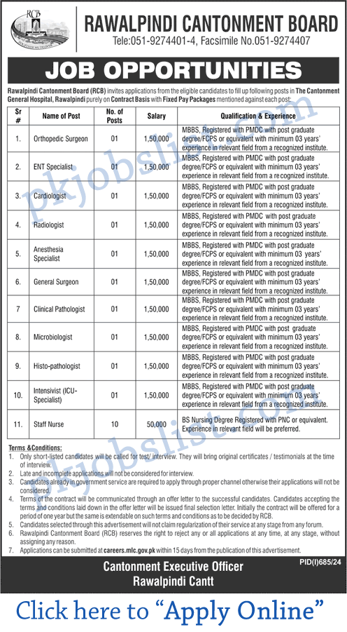 Cantonment hospital rawalpindi jobs august 2024 rcb apply online nurses & more