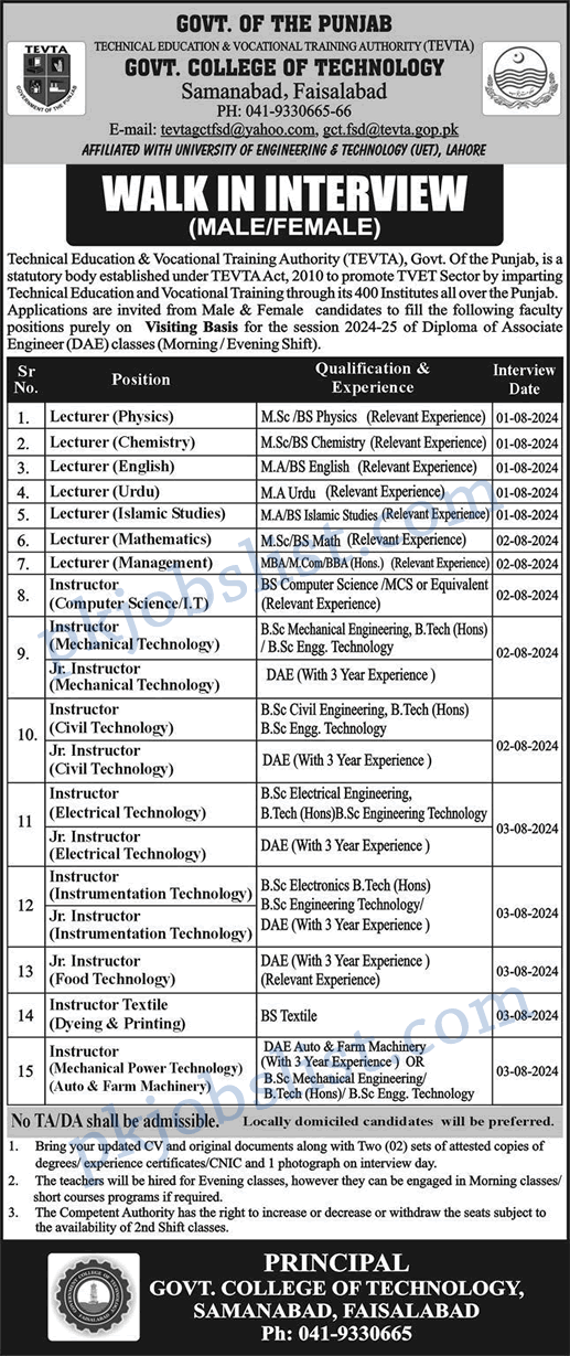 Government College of Technology Faisalabad Jobs 2024 July TEVTA Walk in Interview