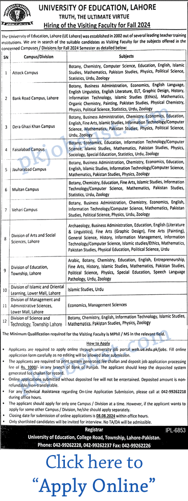 Visiting faculty jobs in university of education 2024 july uoe apply online