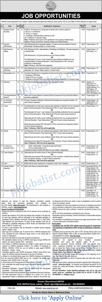 WAPDA Jobs July 2024 August OTS Online Apply Besham Shangla 3HHPS Assistant Station Attendant & More