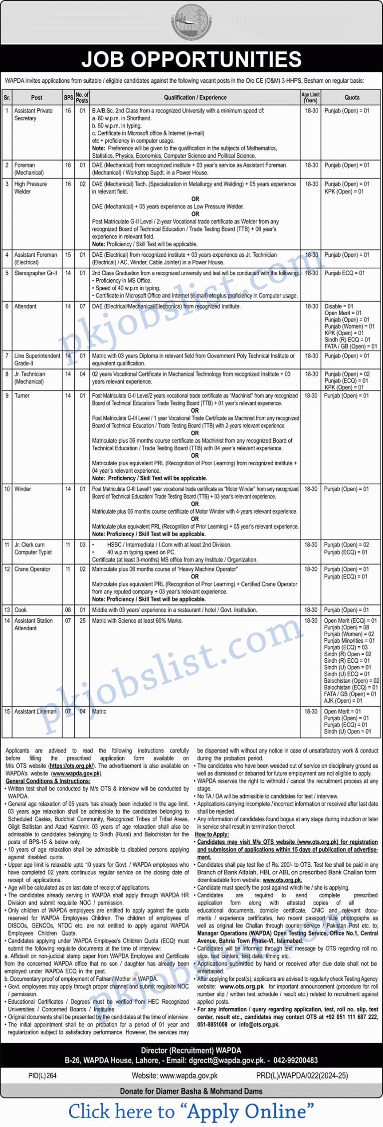 Wapda jobs july 2024 august ots online apply besham shangla 3hhps assistant station attendant & more