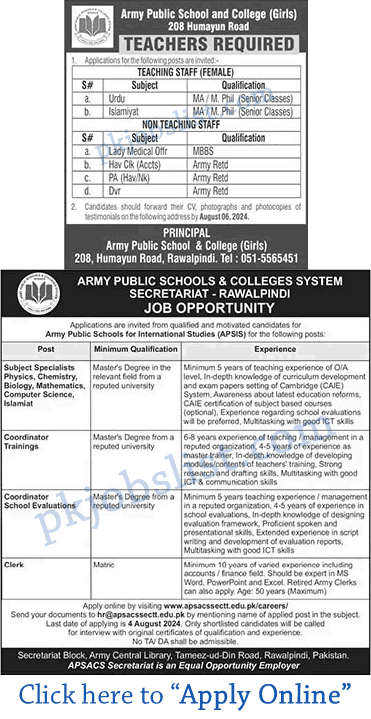 APS Rawalpindi Jobs July 2024 August Online Apply APSACS Secretariat Humayun Road Tameez Ud Din