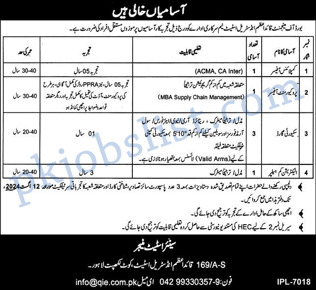 Quaid e azam industrial estate lahore jobs july 2024 august board of management