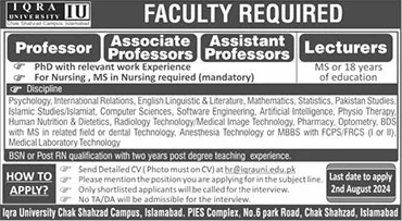 Iqra University Islamabad Jobs July 2024 Teaching Faculty