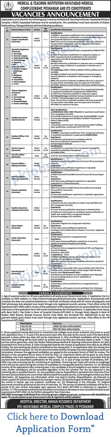 Hayatabad Medical Complex Jobs July 2024 KGMC Peshawar HMC Application Form