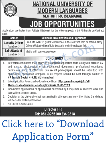 NUML University Islamabad Jobs July 2024 August Application Form National University of Modern Languages