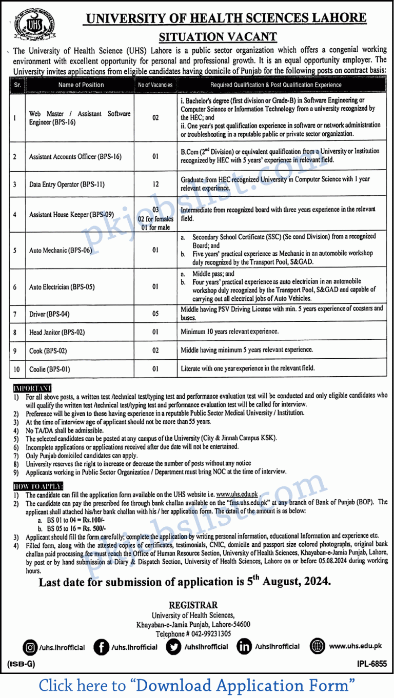 University of Health Sciences Lahore Jobs July 2024 UHS Application Form