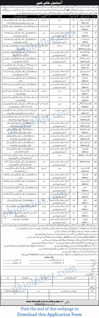 Pak Army 607 Regional Workshop EME Gujranwala Cantt Jobs August 2024 Application Form Download