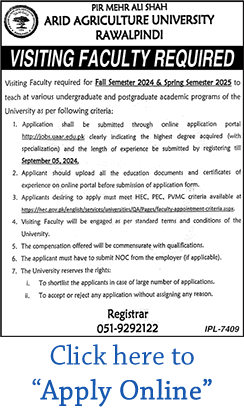 Visiting Faculty Jobs in Arid Agriculture University Rawalpindi August 2024 Apply Online PMAS UAAR