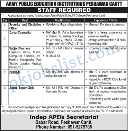 Army Public School and College Peshawar Jobs August 2024 APS Teachers & More