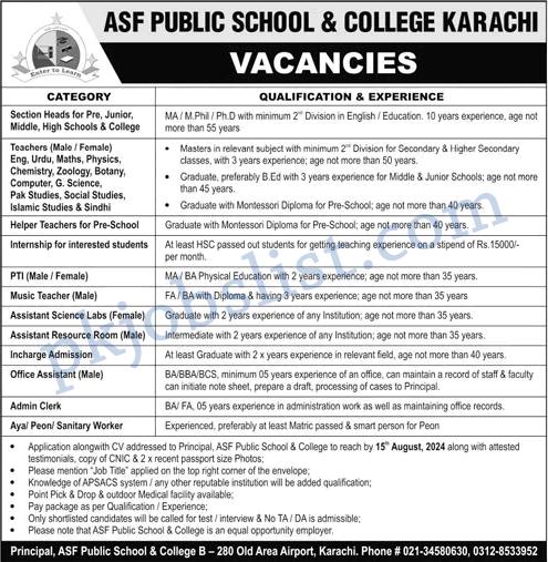 Asf public school and college karachi jobs 2024 august teachers & more